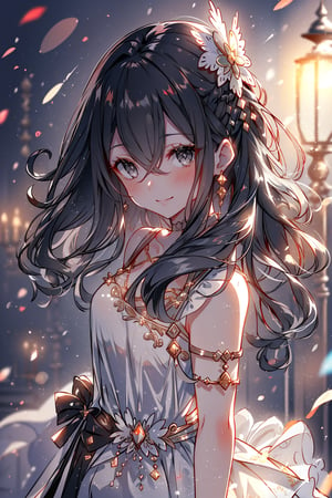  (masterpiece, best quality, highres:1.3), (grey eyes, black hair, medium hair, wavy hair, hair between eyes, 1girl, small breasts) looking at viewer, blush, hair ornament, hair smile, dress, closed mouth, upper body, white dress, blurry, from side, looking to the side, depth of field, blurry background, halo, light particles