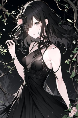 (Gray eyes, black hair, medium hair, wavy hair, small breasts, 1girl), nature, with vines and flowers entwined in her hair, dress, black dress, corrupted, black flowers, thorn vines, crying, FlowerOverEye