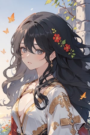(masterpiece, best quality, highres:1.3), (Grey eyes, black hair, medium hair, wavy hair, hair between eyes, 1girl, small breasts) (Beautifully Aesthetic:1.2), portrait, With each new sunrise, Hope blooms like a wildflower, Dreams take flight and rise, stunning gradient colors, detailed background,
