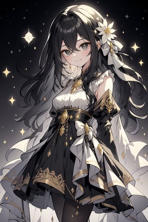 (masterpiece, best quality, highres:1.3), (Grey eyes, black hair, medium hair, wavy hair, hair between eyes, 1girl, small breasts) (cute background:1.2) A serene twilight scene: a woman with piercing grey eyes and raven-black hair, styled in soft waves that fall just between her eyebrows. She wears a dress that complements the vibrant colors of the field of flowers surrounding her, where a delicate flower is artfully woven into her locks. A hair ornament sparkles at the crown of her head as she smiles softly, her legs clad in pantyhose beneath the flowing folds of her garment. The landscape stretches out behind her, bathed in the warm, gentle glow of twilight, creating a breathtakingly beautiful tableau.