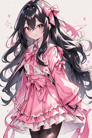 (masterpiece, best quality, highres:1.3), (Grey eyes, black hair, medium hair, wavy hair, hair between eyes, 1girl, small breasts) (cute background:1.2) coquette style clothing, pink colors, pantyhose,  smiling, looking_at_viewer, ribbons,  