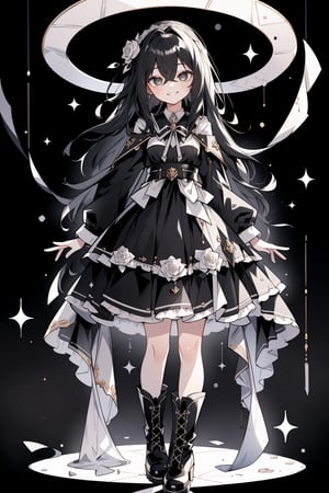 (masterpiece, best quality, highres:1.3), (Grey eyes, black hair, medium hair, wavy hair, hair between eyes, 1girl, small breasts) (cute background:1.2)  black and white dress, wonderland, black pantyhose,  fullbody, black boots, ankle-high-boots, smiling, looking_at_viewer,  black background,  white roses, field of white roses, raining, sad smile, 