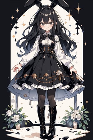 (masterpiece, best quality, highres:1.3), (Grey eyes, black hair, medium hair, wavy hair, hair between eyes, 1girl, small breasts) (cute background:1.2)  black and white dress, wonderland,  bunny,  black pantyhose,  fullbody, black boots, ankle-high-boots, smiling, looking_at_viewer,  black background,  white roses, field of white roses, raining, sad smile, 