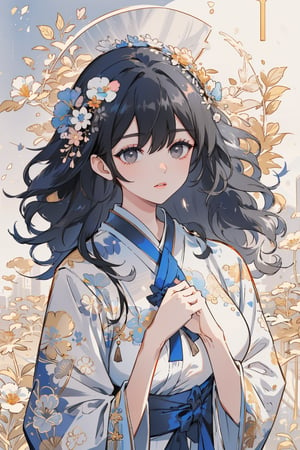 (masterpiece, best quality, highres:1.3), (Gray eyes, black hair, medium hair, wavy hair, hair between eyes, 1girl, small breasts)  hair adorned with floral decorations. She wears a traditional blue and white hanfu, and appears surrounded by large, blooming flowers and leaves that complement the floral headpiece. The background is a deep, muted blue, which enhances the warm tones of the flowers and her attire. Her expression is serene and her eyes are large and expressive, adding to the gentle and elegant feel of the artwork.