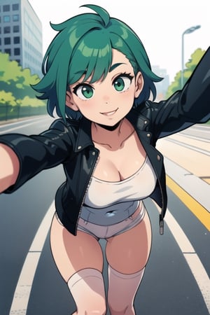 A woman wearing a leather jacket and bloomers, beautiful, dyed hair, smiling, looking at viewer, green hair, short hair, perspective, sexy, thights, running