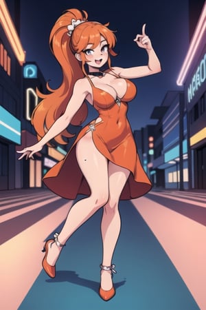 A 17-year-old girl standing in a city neon street, long hair, orange hair, thights, legs, full body, sexy pose, dancing, party dress, perspectives