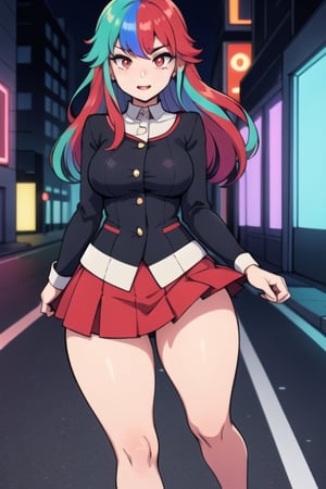 A 17-year-old girl standing in a neon street, (rainbow hair), short skirt, red hair, long hair, perspective, sexy, thights, legs, full sexy body