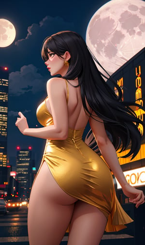 hot woman, sexy, city, clouds, lighting, big moon, night, big thighs, from_behind, perspective, long hair, golden dress, sensual, neon