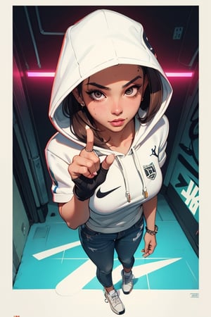 Masterpiece, detailed portrait of a beautiful, Filipino 21yr old girl, with brown hair , wearing a white hooded sweater, fashion, and black jeans, and Nike air Jordan's, accurate anatomy, accurate hands, accurate feet, accurate fingers, complex_background, in the style of a sports illustration, pin-up, cyberpunk style, graffiti, neon lighting, halftone background, 8k, natural (module), unreal engine 5, street.