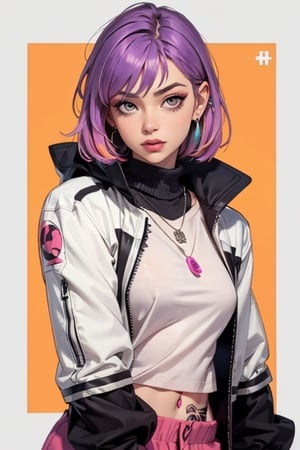 1girl,solo,jewelry,earrings,pink hair,jacket,necklace,looking at viewer,piercing,short hair,tattoo,upper body,black jacket,turtleneck,nose,grey eyes,realistic,purple hair,bangs,ear piercing,makeup,open clothes,gradient,open jacket,eyelashes,multicolored hair,gradient background,lips,closed mouth,shirt,mascara,breasts,simple background,