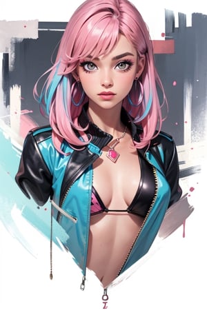 1girl,solo,jewelry,earrings,pink hair,jacket,necklace,looking at viewer,piercing,short hair,tattoo,upper body,black jacket,turtleneck,nose,grey eyes,realistic,purple hair,bangs,ear piercing,makeup,open clothes,gradient,open jacket,eyelashes,multicolored hair,gradient background,lips,closed mouth,shirt,mascara,breasts,simple background,