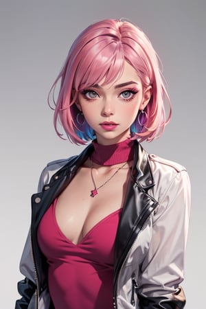 1girl,solo,jewelry,earrings,pink hair,jacket,necklace,looking at viewer,piercing,short hair,tattoo,upper body,black jacket,turtleneck,nose,grey eyes,realistic,purple hair,bangs,ear piercing,makeup,open clothes,gradient,open jacket,eyelashes,multicolored hair,gradient background,lips,closed mouth,shirt,mascara,breasts,simple background,