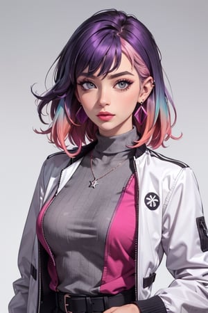 1girl,solo,jewelry,earrings,pink hair,jacket,necklace,looking at viewer,piercing,short hair,tattoo,upper body,black jacket,turtleneck,nose,grey eyes,realistic,purple hair,bangs,ear piercing,makeup,open clothes,gradient,open jacket,eyelashes,multicolored hair,gradient background,lips,closed mouth,shirt,mascara,breasts,simple background,