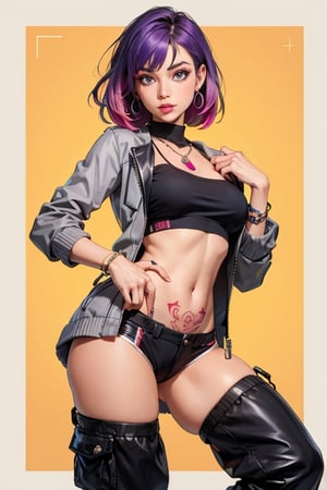 1girl,solo,jewelry,earrings,pink hair,jacket,necklace,looking at viewer,piercing,short hair,tattoo,upper body,black jacket,turtleneck,nose,grey eyes,realistic,purple hair,bangs,ear piercing,makeup,open clothes,gradient,open jacket,eyelashes,multicolored hair,gradient background,lips,closed mouth,shirt,mascara,breasts,simple background,