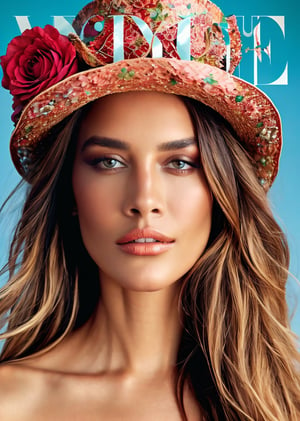 voguestyle, rostro de mujer rodeado de flores con sombrero medieval, fashion magazine cover