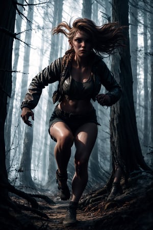A close-up of a young and attractive woman running through a dark forest at night. She looks back terrified, with long hair flying behind. She holds a flashlight high up, illuminating the twisted trees around her. The image is dramatic, like a horror movie poster