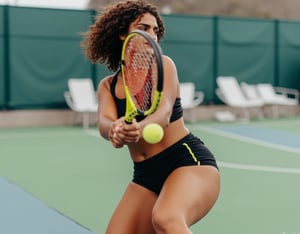 Close-up shot of a woman, mid-stride on a padel court, padel racket in hand and ball at her feet. She's dressed in a sleek black and yellow athletic outfit, Her facial expression is focused and determined, eyes fixed on the ball as she prepares to smash it. Natural light spills onto the court from above, accentuating her sportive pose,k2f,curly,busty