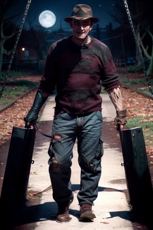 A man dressed as Freddy Krueger, Amidst the eerie backdrop of a moonlit, abandoned playground, Freddy Krueger, the iconic horror figure, emerges from the shadows. His disfigured, burned face is illuminated by the pale glow of the moon, casting grotesque shadows. As he walks with his signature bladed glove scraping the ground, rusty swings creak and dilapidated toys lie in his wake, creating an unsettling atmosphere of fear and dread