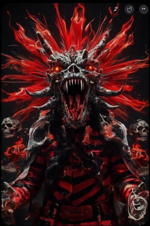 a monster with a flying red fire skull doodles , got many fire skull doodles surrounding him, the red skull was glowing and shining effects, black and dark background, black temple as background 

Doodles,grungeartxhan83,hologram,aura,black and red stripes,open mouth,shirt,sharp teeth