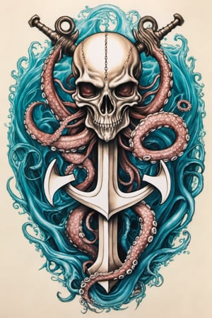 a drawing of an anchor with octopus tentacles, tattoo sketch of a sea, hyper - realistic tattoo sketch, tattoo sketch of a ocean, realism tattoo design, kraken, concept tattoo design, tattoo design, tattoo design sketch, nautical siren, 3 d design for tattoo, leviathan cross, the kraken, aaron horkey style, penned illustrations, realism tattoo drawing, realism tattoo sketch,more detail XL, white background,Leonardo Style