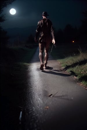 A man dressed as Freddy Krueger, Amidst the eerie backdrop of a moonlit, abandoned playground, Freddy Krueger, walking in slow motion to the camera, horror movie style, front view, 