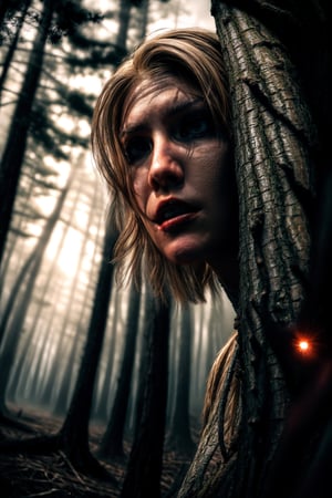 A close-up of a young and attractive woman running through a dark forest at night. She looks back terrified, with long hair flying behind. She holds a flashlight high up, illuminating the twisted trees around her. The image is dramatic, like a horror movie poster