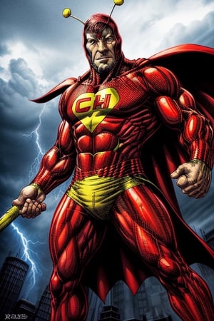 El chapulin colorado,Al3xross,a superhero fighting in the air,clouds,lightning from hands, monster punch,chapulincolorado, holding a red hammer on his hands, Thor god of thunder, marvel style,fantasy00d