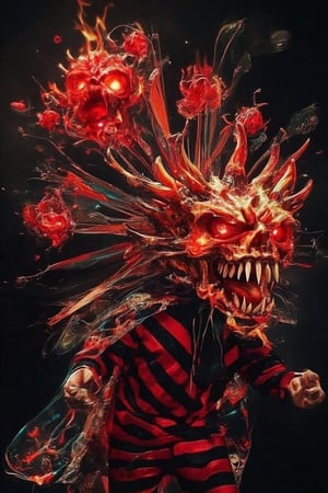 a monster with a flying red fire skull doodles , got many fire skull doodles surrounding him, the red skull was glowing and shining effects, black and dark background, black temple as background 

Doodles,grungeartxhan83,hologram,aura,black and red stripes,open mouth,shirt,sharp teeth