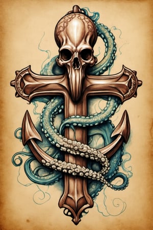 a drawing of an anchor with octopus tentacles, tattoo sketch of a sea, hyper - realistic tattoo sketch, tattoo sketch of a ocean, realism tattoo design, kraken, concept tattoo design, tattoo design, tattoo design sketch, nautical siren, 3 d design for tattoo, leviathan cross, the kraken, aaron horkey style, penned illustrations, realism tattoo drawing, realism tattoo sketch,more detail XL, white background