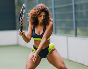 Close-up shot of a woman, mid-stride on a padel court, padel racket in hand and ball at her feet. She's dressed in a sleek black and yellow athletic outfit, Her facial expression is focused and determined, eyes fixed on the ball as she prepares to smash it. Natural light spills onto the court from above, accentuating her sportive pose,k2f,curly,busty