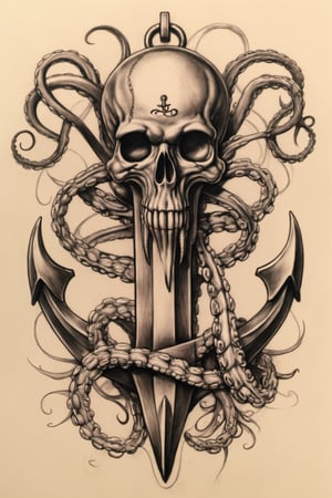 a drawing of an anchor with octopus tentacles, tattoo sketch of a sea, hyper - realistic tattoo sketch, tattoo sketch of a ocean, realism tattoo design, kraken, concept tattoo design, tattoo design, tattoo design sketch, nautical siren, 3 d design for tattoo, leviathan cross, the kraken, aaron horkey style, penned illustrations, realism tattoo drawing, realism tattoo sketch,more detail XL