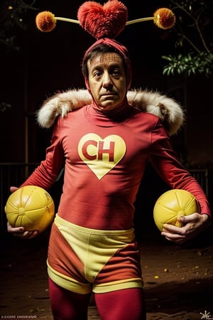 araffe man in a red shirt and yellow shorts juggling with balls, from avengers: endgame (2019), mexican warrior, mark e smith, cosplayer dressed like a crab, twitter pfp, chilaquiles, oompa loompa virus, bruh moment, official product photo, kaki body suit, el chavo, meme template, halloween,chapulincolorado, On his chest ((a close up of a heart with the word CH on it))