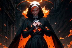 1 girl. beautiful, athletic, long black nun outfit, hooded, silk cloth around chest, long skirt, pale skin, short hair, braided, burning orange demon eyes, runny makeup, runny mascara, evil smile, praying, black halo, volumetric lighting, best quality, masterpiece, realistic, perfect hands,r1ge, abyss in backround