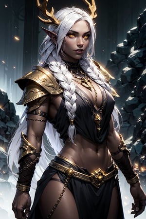 1girl, beautiful muscular athletic barbarian, dark brown skin color, medium breast, wearing a toga, brass chains around chestarea, brass chains around shoulder, golden antlers, crown, glowing yellow eyes, long foxtail, braided white hair, braided, green hills, athletic, volumetric lighting, best quality, masterpiece, realistic,drow