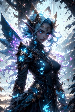 1girl, blue beautiful merfolk, blue, sharkfin, gills, medium chest, ((golden metal breastplate)), blue cloth, glowing blue eyes, long silver hair, corals in hair, lightblue skin, facial mark on forehead, fantasy river with reed and big violet trees on the side, athletic, volumetric lighting, best quality, masterpiece, realistic, (blue fire), blue flames, blue glowing lighting celestial wings, blue halo, pointed_ears ,fairy,GlowingRunes_, butter_wings