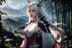 1girl, beautiful shedrn, antlers, wearing armored kimono, bright glowing pink eyes, japanese clothes, long white hair, grey skin, facial mark, fantasy bamboo forest, asian mountains in backround, athletic, volumetric lighting, best quality, masterpiece, realistic