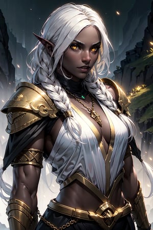 1girl, beautiful muscular athletic barbarian, dark brown skin color, medium breast, wearing a toga, brass chains around chestarea, brass chains around shoulder, glowing yellow eyes, long foxtail, braided white hair, braided, green hills, athletic, volumetric lighting, best quality, masterpiece, realistic,drow