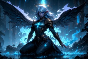 1girl, full body, blue beautiful merfolk, blue, sharkfin, gills, small chest, ((golden metal breastplate)), blue cloth, glowing blue eyes, long silver hair, corals in hair, lightblue skin, facial mark on forehead, fantasy river with reed and big violet trees on the side, athletic, volumetric lighting, best quality, masterpiece, realistic, (blue fire), blue flames, blue glowing lighting crystal wings, blue halo, pointed_ears, fantasy River landscape
