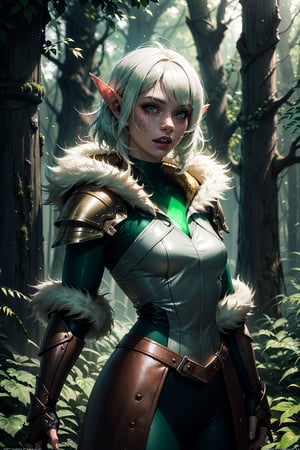 1girl, goblin, 25 years old, green skin, long pointy ears, long fanged teeth, brown leatherarmor, fur, glowing yellow cat eyes, wild white hair, (green skin), freckles, fantasy forest, volumetric lighting, best quality, masterpiece, realistic, tiny_body