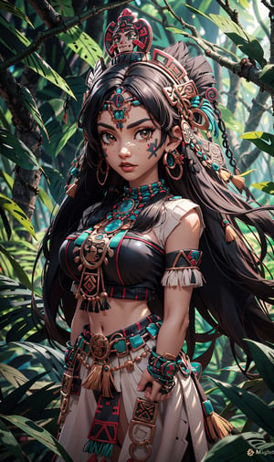 Aztec woman, medium breast, Aztec traditional long colorful dress, shining smaragd jewelery, Aztec crown, bright glowing caramel eyes, black hair,, facial marks, standing before an aztec temple in a jungle as backround, athletic, volumetric lighting, best quality, masterpiece, realistic