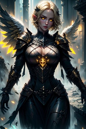 a portrait of a fallen angel cleric, with a detailed toned body, (normal chest), glowing yellow eyes, fullplate cleric armor, blonde short hair, she is in an temple at night, stunningly beautiful, highly detailed. Cinematic lighting, huge featherless wings,GlowingRunes_