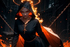 1 girl. beautiful, athletic, long black nun outfit, hooded, silk cloth around chest, long skirt, ((golden cross necklace)), pale skin, short hair, braided, burning orange demon eyes, runny makeup, runny mascara, evil smile, praying, black halo, volumetric lighting, best quality, masterpiece, realistic, perfect hands,r1ge, abyss in backround, Devil standing behind her, chains