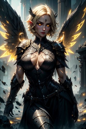 a portrait of a fallen angel cleric, with a detailed toned body, (normal chest), glowing yellow eyes, fullplate cleric armor, blonde short hair, she is in an temple at night, stunningly beautiful, highly detailed. Cinematic lighting, huge glowing, featherless fairy wings,GlowingRunes_,r1ge