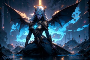 1girl, full body, blue beautiful merfolk, blue, sharkfin, gills, small chest, ((golden metal breastplate)), blue cloth, glowing blue eyes, long silver hair, corals in hair, lightblue skin, facial mark on forehead, fantasy river with reed and big violet trees on the side, athletic, volumetric lighting, best quality, masterpiece, realistic, (blue fire), blue flames, blue glowing lighting Dragon wings, blue halo, pointed_ears, fantasy River landscape