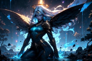 1girl, full body, blue beautiful merfolk, blue, sharkfin, gills, small chest, ((golden metal breastplate)), blue cloth, glowing blue eyes, long silver hair, corals in hair, lightblue skin, facial mark on forehead, fantasy river with reed and big violet trees on the side, athletic, volumetric lighting, best quality, masterpiece, realistic, (blue fire), blue flames, blue glowing lighting celestial wings, blue halo, pointed_ears, fantasy River landscape