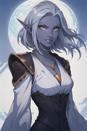 drow, athletic female, pointy ears, solo, elf, smirk, colored skin, looking at viewer, Short silver hair, red strands in hair, dark elf, breasts, medium breasts, wearing a white corset dress, cloth is white and the corset is light brown, Golden Chains around the shoulder and neck, Necklace with Moon Amulet, white eyes, grey skin, upper body, lips, ((masterpiece, best quality)), 