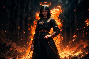 1 girl. beautiful, athletic, long black nun outfit, hooded, silk cloth around chest, long skirt, ((golden cross necklace)), pale skin, short hair, braided, burning orange demon eyes, runny makeup, runny mascara, evil smile, praying, black halo, volumetric lighting, best quality, masterpiece, realistic, perfect hands,r1ge, abyss in backround, Devil standing behind her