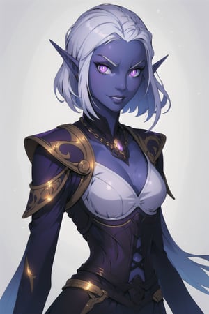 drow, female, pointy ears, solo, elf, smirk, colored skin, midriff, looking at viewer, Short silver hair, front hair dyed red, dark elf, breasts, white hair, medium breasts, wearing a white corset dress, cloth is white and the corset is light brown, Golden Chains around the shoulder and neck, a dagger at the left hip, birght glowing purple eyes, grey skin, upper body, glowing eyes, lips, ((masterpiece, best quality)), LuxuriousWheelsCostume,LuxuriousWheelsCostume
