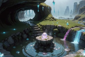 (8k, best quality, top level: 1.1), (((ancient round yard))), ((fantasy cave with colorful crystals)), (Round yard), (((energy flow))), no_humans, Crystal sphere in center, (((very warm air))), (((Heavy_Fog_flow))), blue flow, green flow, (((depth of field))), flowing water and detailed elements below. realistic.,(EnergyVeins:1.4),glowing,Cursed energy