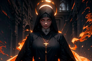 1 girl. beautiful, athletic, long black nun outfit, hooded, silk cloth around chest, long skirt, ((golden cross necklace)), pale skin, short hair, braided, burning orange demon eyes, runny makeup, runny mascara, evil smile, praying, black halo, volumetric lighting, best quality, masterpiece, realistic, perfect hands,r1ge, abyss in backround